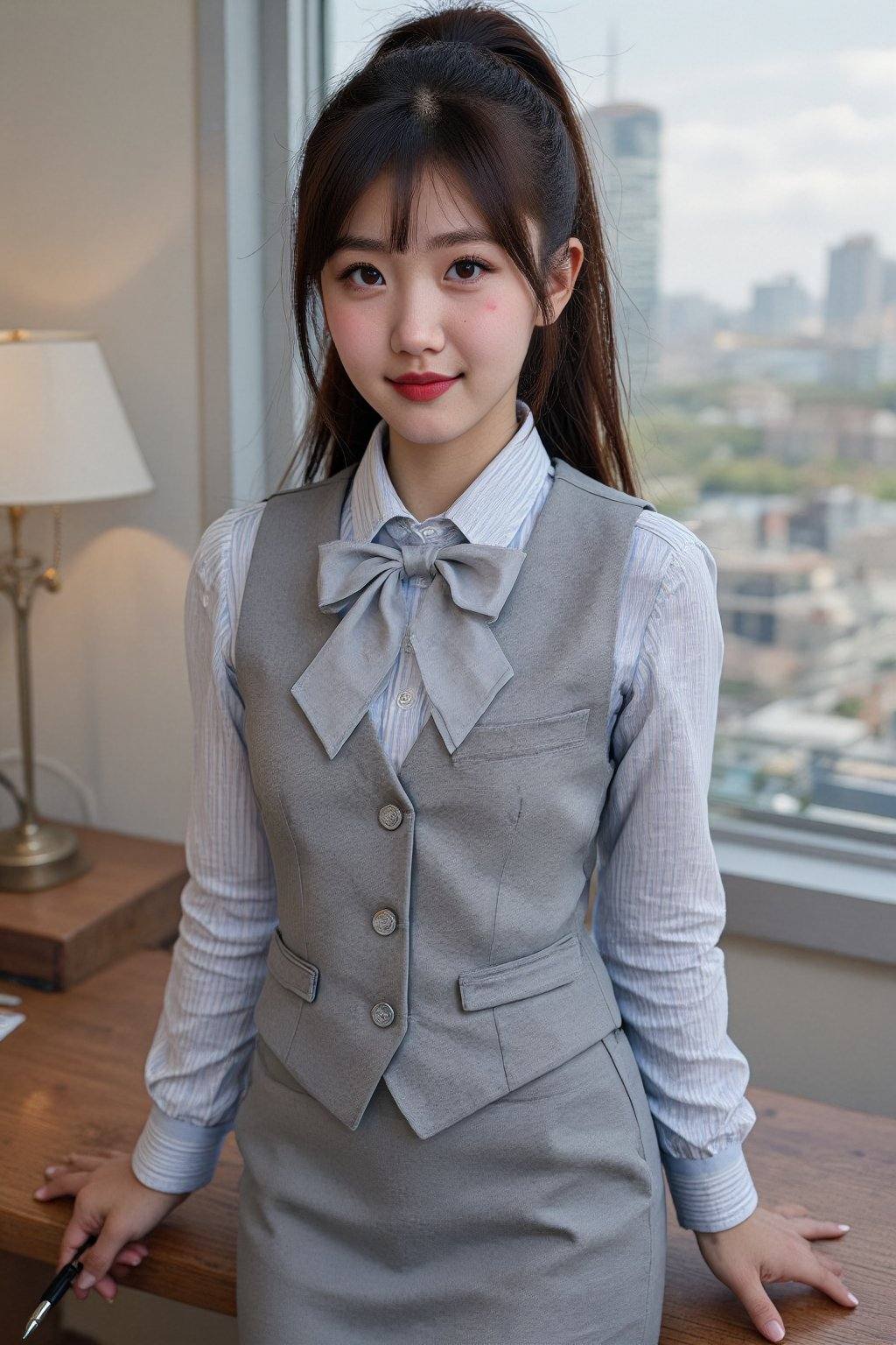 A young Asian woman,  likely in her early to mid-twenties,  stands slightly to the left of the image's center on Tensor.Art