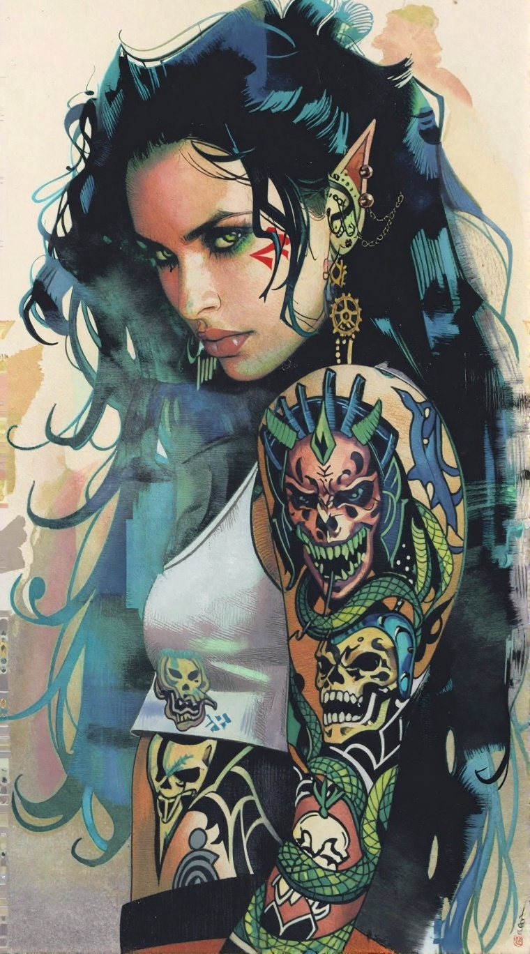 Kaljedef art style: A striking female character with long,  flowing teal-blue hair styled in a high,  wild ponytail that c...
