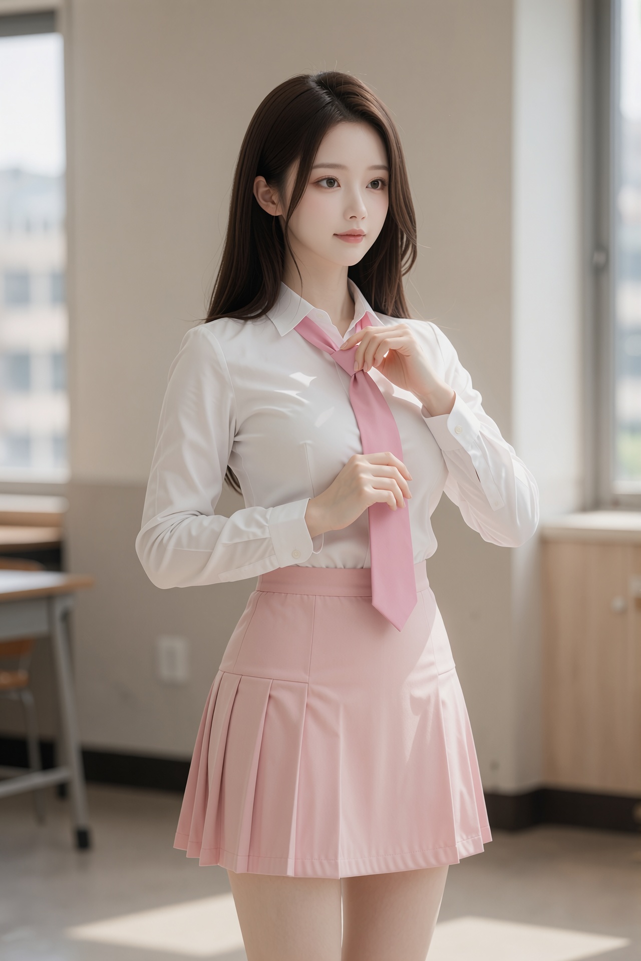 a young woman standing in a classroom,  gently adjusting her pink necktie with one hand,  slight confident and calm expres...