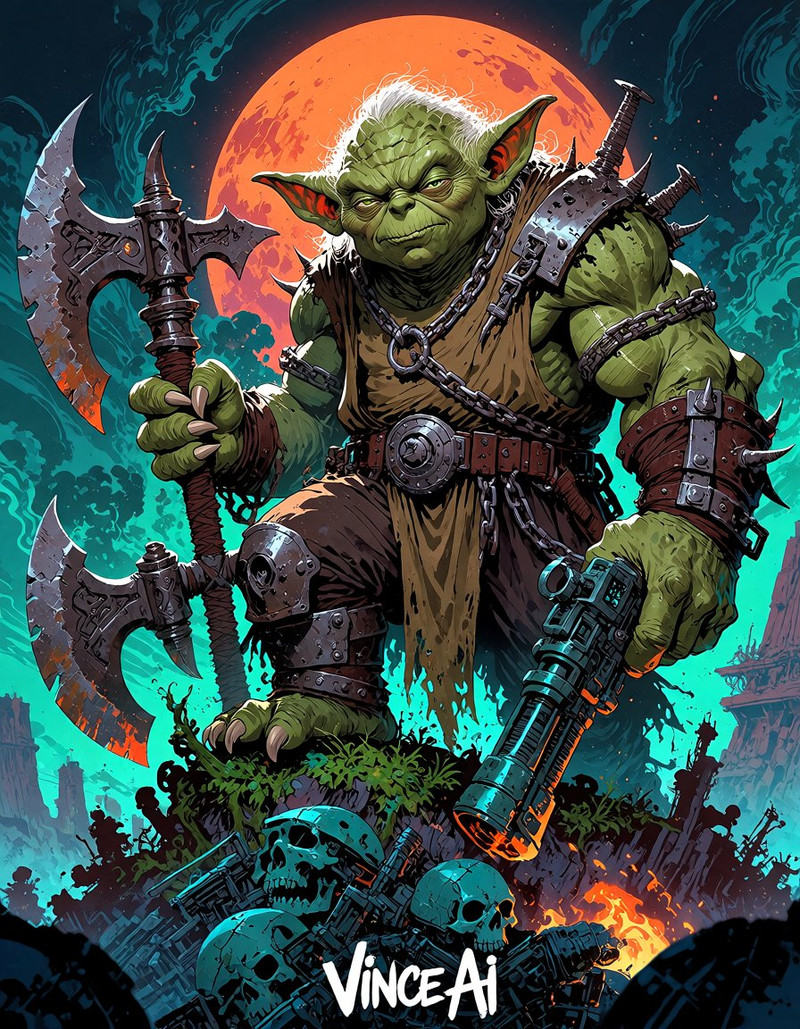 Retro comic-book cover illustration of a colossal elderly Yoda transformed into a brutal post-apocalyptic warlord,  standi...