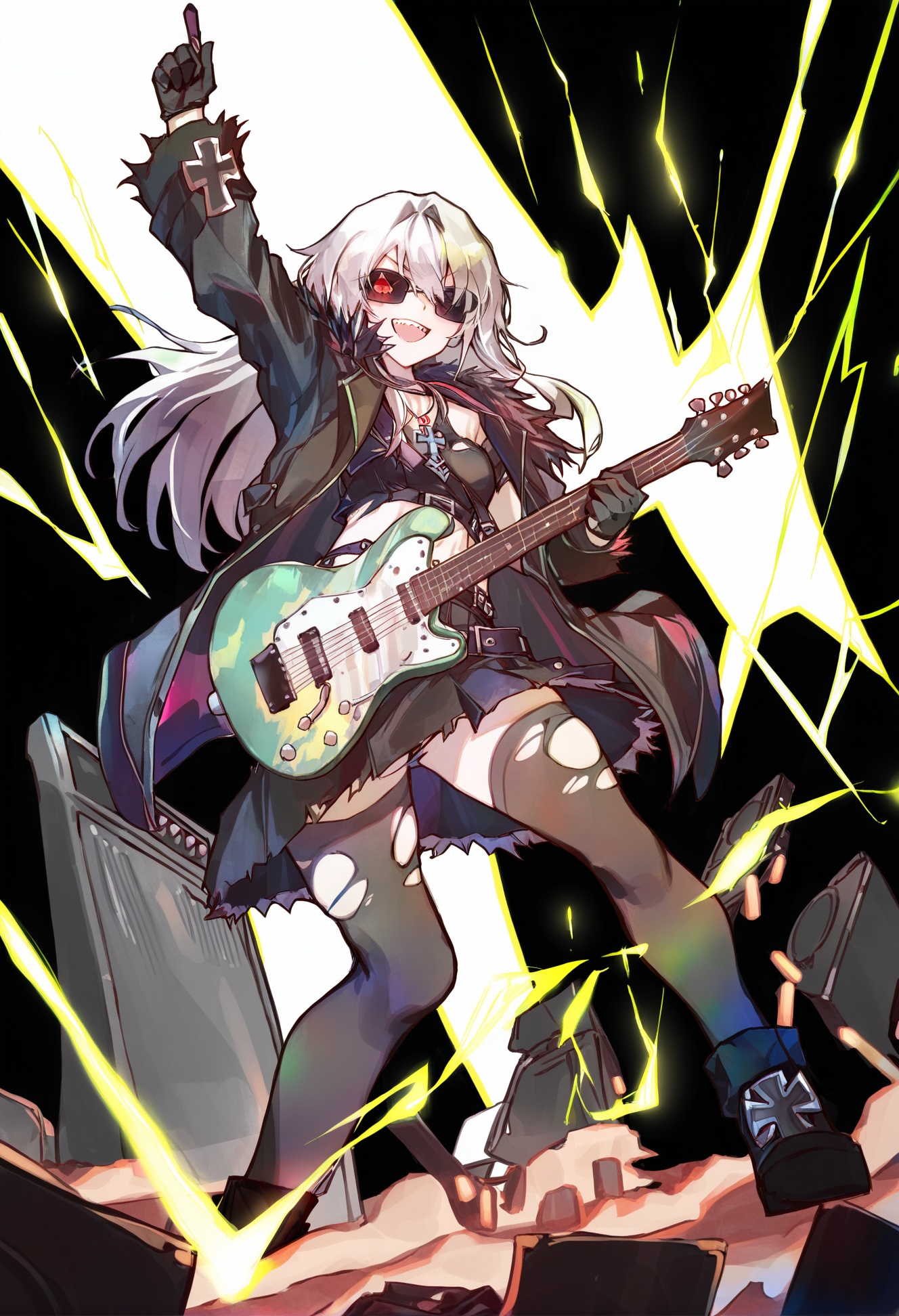 masterpiece, best quality,1girl,   solo, instrument, thighhighs, belt, guitar, black footwear, gloves, black gloves, boots, long hair, pointing up, navel, coat, electric guitar, pointing, diffraction spikes, jewelry, arm up, belt buckle, black background, open coat, skirt, cross, buckle, open mouth, standing, x, pouch, teeth, necklace, black coat, torn clothes, white hair, open clothes, green hair, electricity, multicolored hair, black skirt, holding guitar, belt pouch, red eyes, upper teeth only, cross necklace, black hair, sunglasses, black thighhighs, iron cross, green trim, v-shaped eyes, torn thighhighs, midriff, smile, sharp teeth, amplifier, holding instrument, zettai ryouiki, holding <lora:COCOballXLlokr8f-000123:0.95>