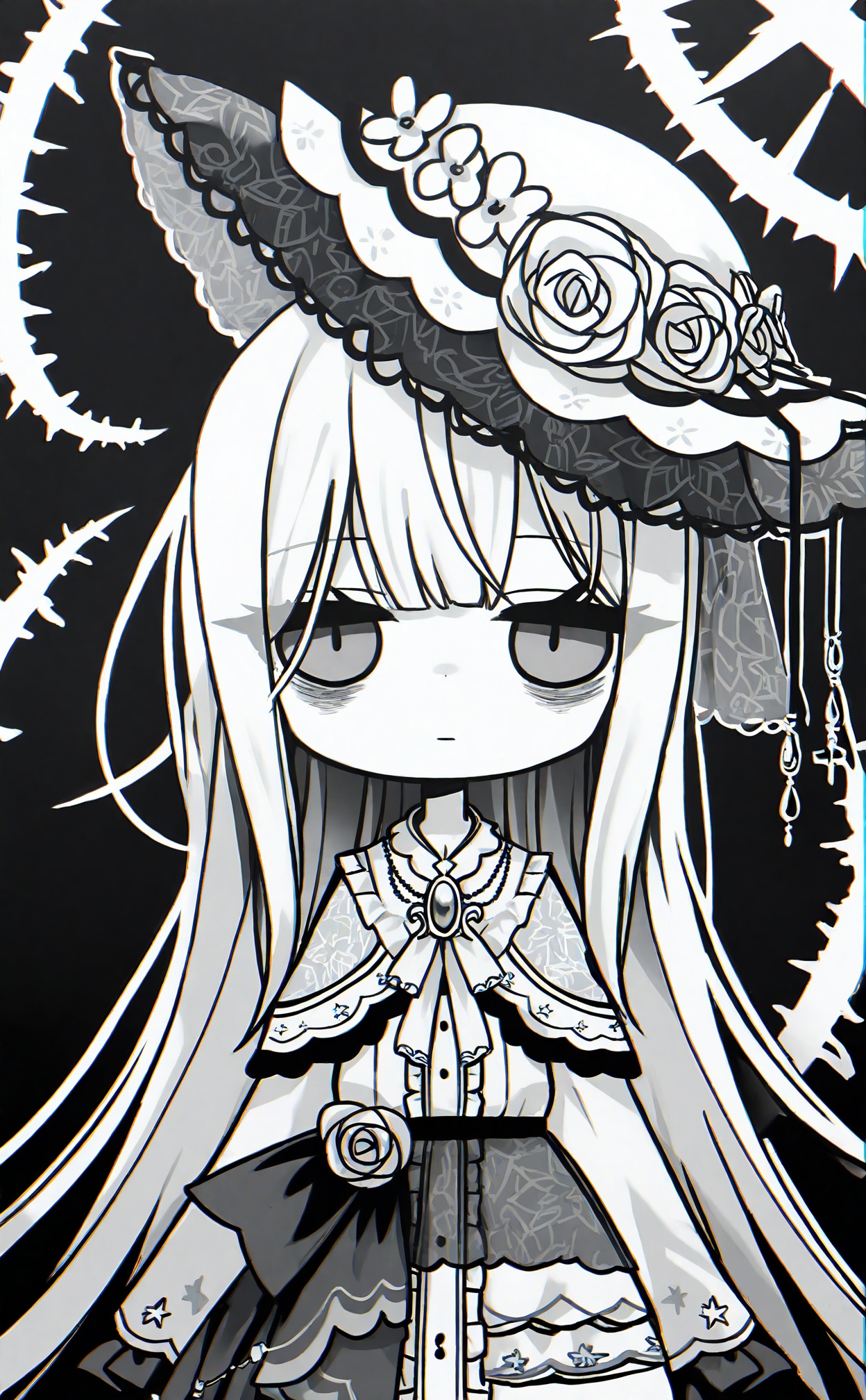 masterpiece,highres,absurdres,newest,best quality,loli,petite,high quality,chromatic_aberration,//,tsukishiro_yuki,1girl,long_hair,solo,hat_flower,flower,rose,stitches,looking_at_viewer,dress,monochrome,frills,straight-on,frilled_hat,hat,bags_under_eyes,expressionless,black_background,very_long_hair,sidelocks,closed_mouth,greyscale,brooch,hat_ornament,long_sleeves,frilled_capelet,simple_background,halo,frilled_dress,chibi,buttons,jewelry,capelet,traditional_media,white_rose,veil,straight_hair,ascot,thorns,star_\(symbol\),lace_trim,//,//,<lora:tsukishiro_yuki2——【noob】hans:1>,