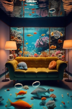 A room with a blue sofa and a chair, both decorated comfortably and elegantly. Next to them, there is a transparent bubble filled with a beautiful underwater world. You can see colorful fish swimming freely and several jellyfish twinkling faintly. In the center of the scene, there is a pillow printed with a seascape pattern. The whole picture is filled with a peaceful and harmonious atmosphere. A high-definition, high-quality image featuring an indoor scene with a blue theme, underwater, bubbles, jellyfish, fish, and a pillow with a scenic print.<lora:EMS-333180-EMS:0.800000>