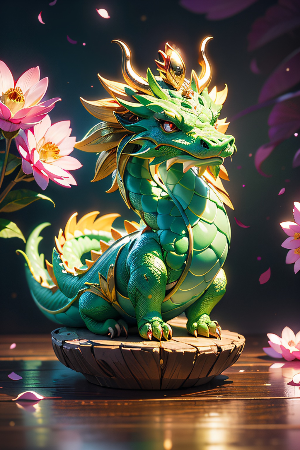 new year,masterpiece,best quality,realistic,cinematic light,jade Sculpture,jade,gold line,photorealistic,dragon,Ambilight,masterpiece,ultra-high quality,(flower blossom background:1.2),fog,could,new year,