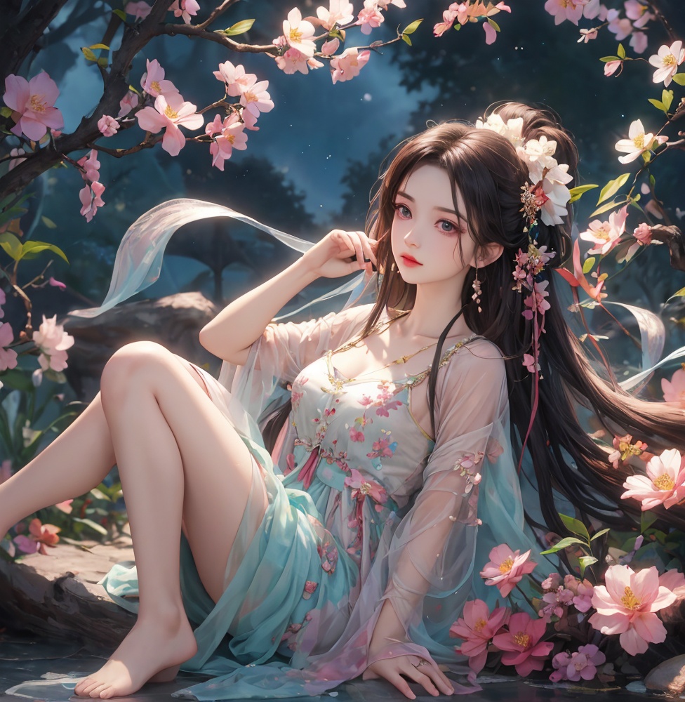 Bestquality,masterpiece,1girl,beautiful_face,eyebrows_visible_through_hair,lily_\(flower\),dress,holding_flower,from_side,barefoot, stand \(jojo\), Dreamweaver diva, phantasmal, surreal, night-sky hair, dreamscape, orchestrating, symphony of slumber, dress of dusk, floating among dreams, deep night, lullaby