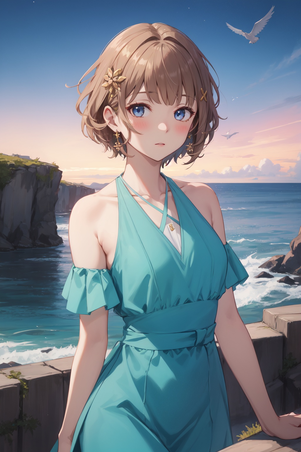 <lora:Tomoe-000014:0.8>,Tomoe CYQL,1girl,looking at viewer,solo,short_hair,brown_hair,bangs,blue_eyes,hair_ornament,blush,Bold and vibrant color-blocked dress with a halter neckline and asymmetric design,blush,upper_body,Coastline, Rocks, Sea stacks, Waves, Seagulls, Cliffs, Tide pools, Coastal erosion,(Lavender rows, Moonlit landscape, Lavender fragrance, Nighttime glow, Midnight stroll, Provencal charm:0.5),beautiful detailed sky,beautiful detailed glow,posing in front of a colorful and dynamic background,masterpiece,best quality,beautiful and aesthetic,contrapposto,female focus,wallpaper,