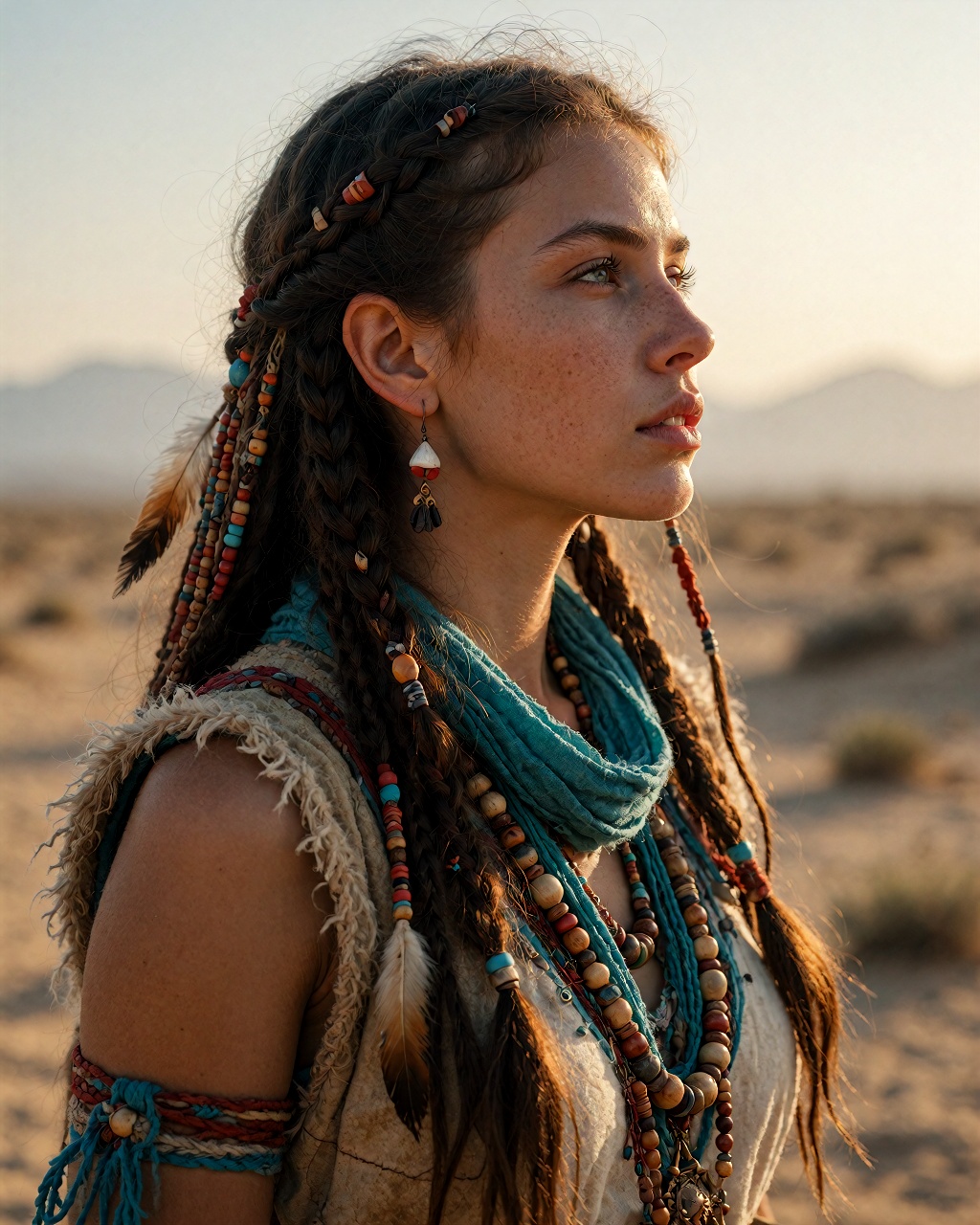 A young Caucasian woman,  approximately 25 years old,  stands in profile against a vast desert landscape bathed in golden-...