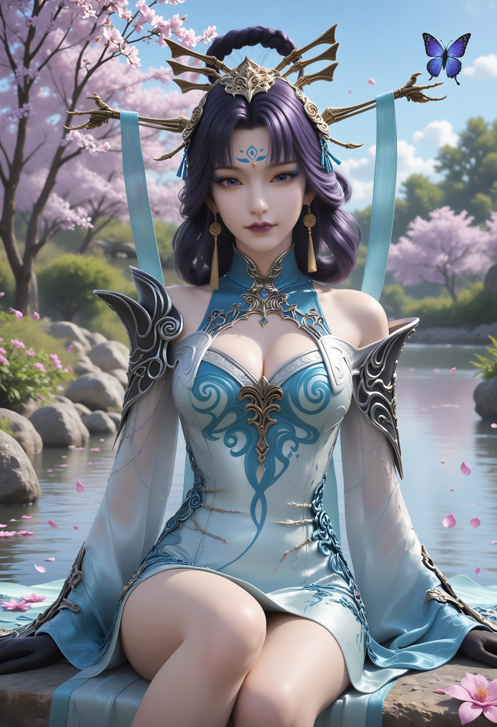 score_9,score_8_up,score_7_up,1girl,solo,realistic,(looking at viewer:1.1),portrait,1girl,solo,realistic,dress,white dress,chinese clothes,blue dress,wide sleeves,long sleeves,shoulder armor,ribbon,detached sleeves,clothing cutout,armor,shoulder cutout,detached collar,black gloves,1girl,solo,realistic,jewelry,tiara,hair ornament,hair rings,beads,forehead jewel,forehead mark,facial mark,hair stick,earrings,tassel,tassel earrings,bracelet,1girl,solo,realistic,(mature face:1.2),big eye,(pale_skin:1.1),(shiny_skin:1.1),slender face,hair bun,long hair,black hair,purple hair,purple eyes,purple lips,parted bangs,braid,makeup,eyeshadow,bare shoulders,closed mouth,realistic,purple background,in spring,available light,lake,calm water,flower,(falling petals:1.3),(flower sea:1.2),butterfly,glowing butterfly,medium breasts,(cleavage:1.1),cleavage cutout,<lora:小巳-红粉骷髅-凭依身:0.85>,