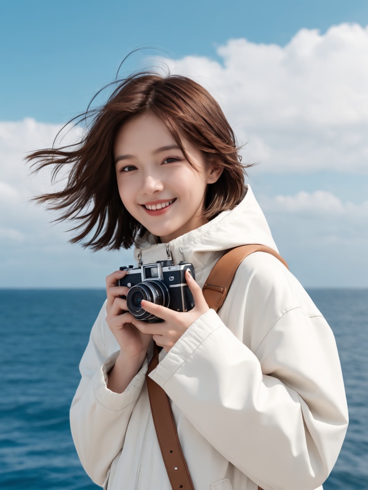 artstyle,photo background,year 2023,1girl,blue sky,brown hair,camera,holding camera,hood,hooded jacket,ocean,outdoors,short hair,Sky,smile,solo,taking picture,white jacket 81k ? wind,wind lift,best quality,amazing quality,very aesthetic,absurdres,