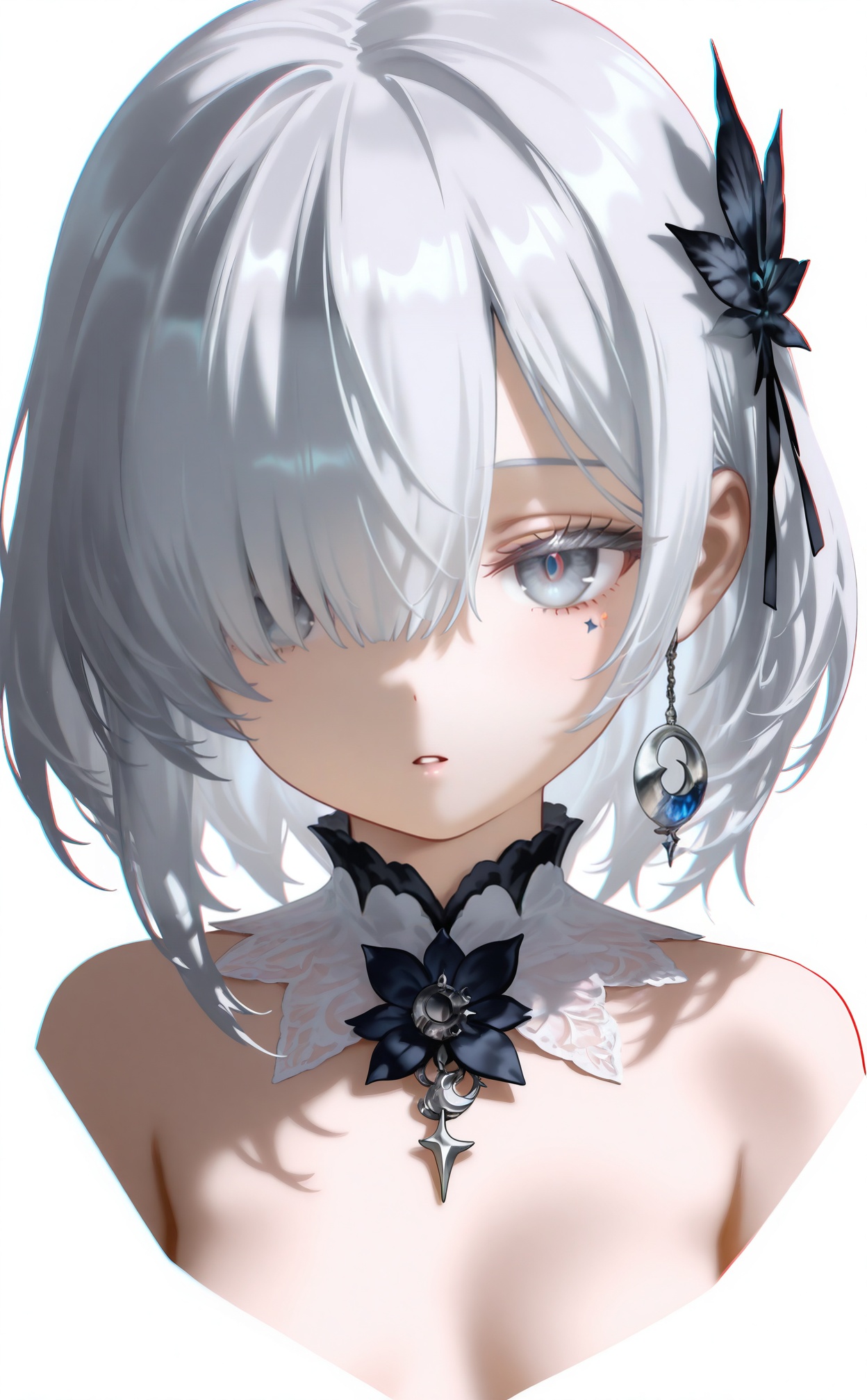 masterpiece,absurdres,best quality,high quality,chromatic_aberration,loli,petite,//,1girl,solo,hair over one eye,portrait,looking at viewer,white hair,white background,parted lips,crescent,simple background,short hair,jewelry,hair ornament,grey eyes,cropped shoulders,flower,brooch,//,//,<lora:nyalia——【CKXL测试】hans:1>,