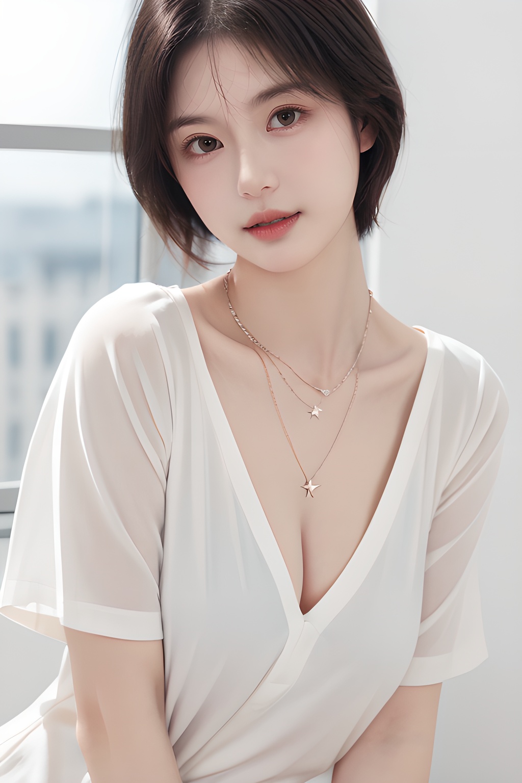 <lora:0804_01:0.7>,<lora:SDXLrender_v2.0:0.6>,<lora:Body_shaping:0.6>,(simple background:1.2),close up,face shot,a girl wearing a necklace,tilts her head slightly downward,1 girl,solo,necklace,white shirt,a gentle breeze ruffling her short hair,the necklace glinting in the sunlight,resembling a shining star.,,