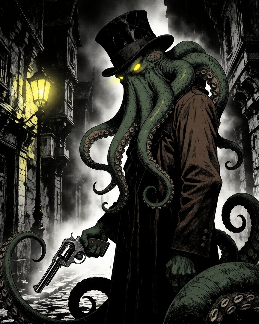 Striking black and white manga style,  a dark,  eerie street scene at night. The central figure is a menacing on Tensor.Art