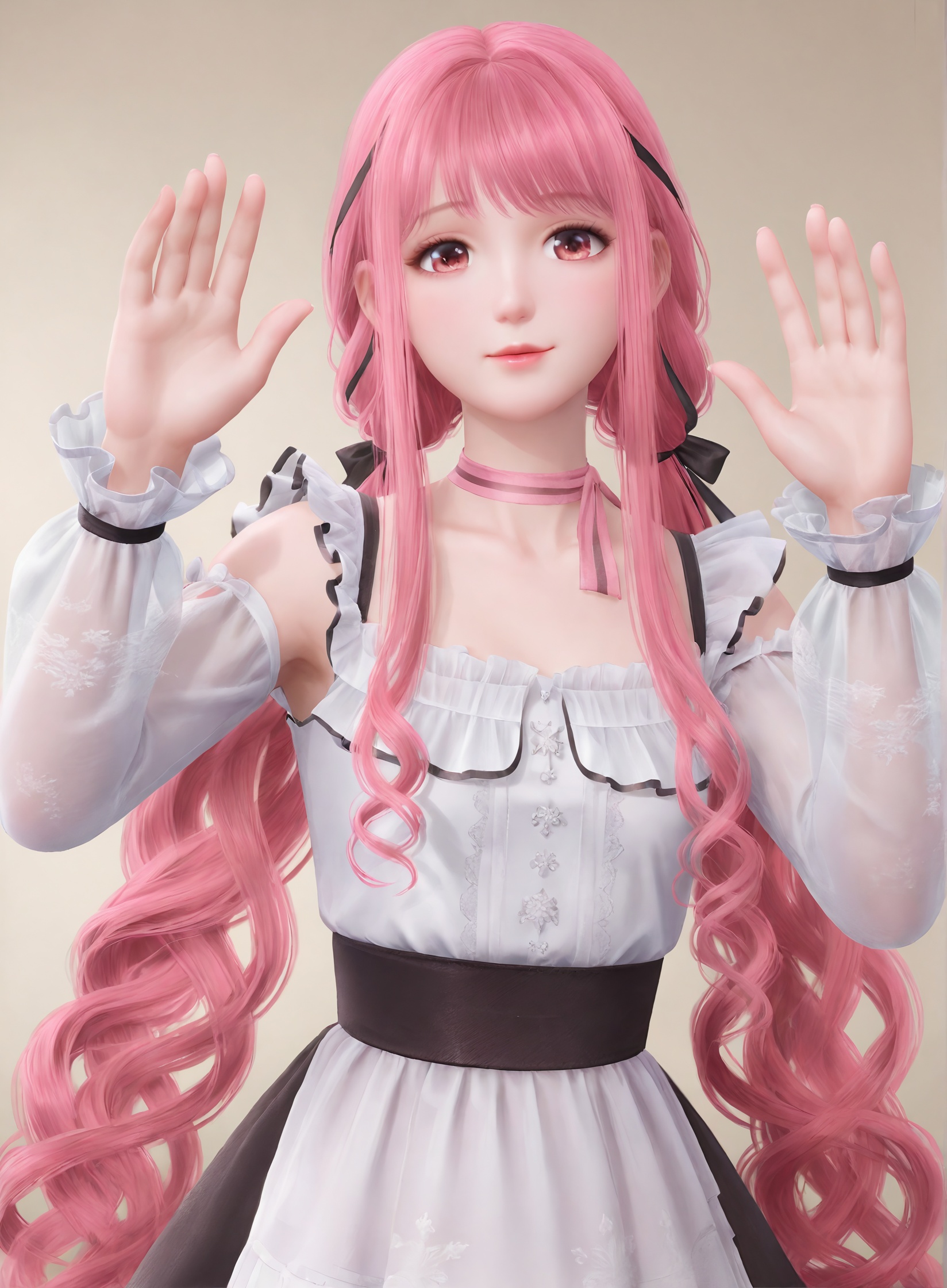<lora:暖暖pony a:0.5>,realistic,mature female, wavy hair,hair ribbon,nikki_(nikki),twintails, pink hair,very long hair,
