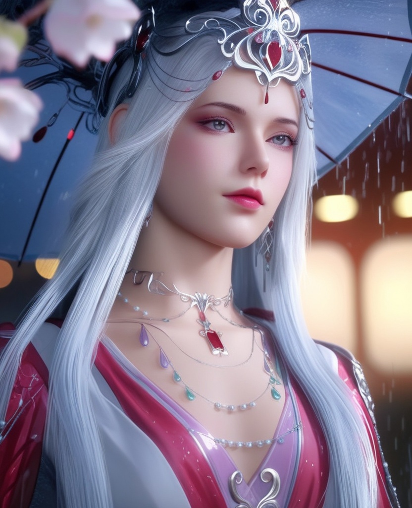 <lora:700-DA-XL-斗罗大陆-波赛西:0.8>(,1girl, ,best quality, ),looking at viewer, ,ultra detailed 8k cg, ultra detailed background,  ultra realistic 8k cg,          cinematic lighting, cinematic bloom, (( , )),,  , unreal, science fiction,  luxury, jewelry, diamond, pearl, gem, sapphire, ruby, emerald, intricate detail, delicate pattern, charming, alluring, seductive, erotic, enchanting, hair ornament, necklace, earrings, bracelet, armlet,halo,masterpiece, (( , )),,  ,cherry blossoms,(((, night,night sky,,  ultra high res, (photorealistic:1.4), raw photo, 1girl, , rain, sweat, ,wet, )))(( , ))   (cleavage), (),