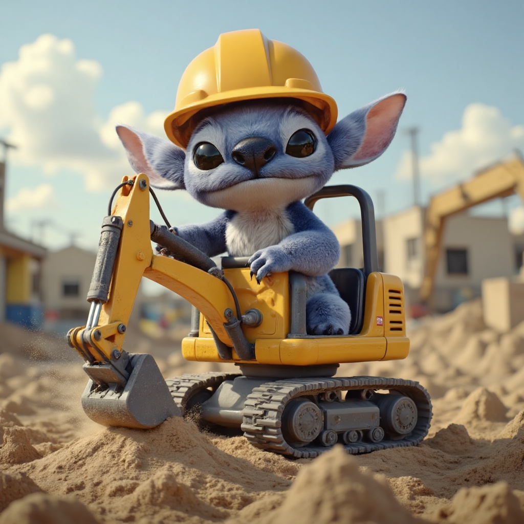 stt,Start the yellow mini excavator,wearing the hard hat crookedly,with dust flying on the construction site.,