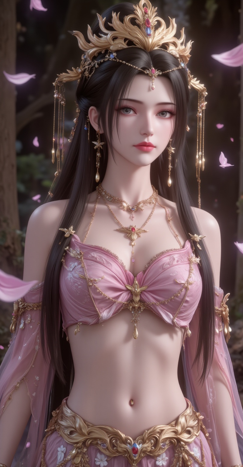 <lora:李慕婉·衣服百搭款6:1.1>,limuwan,black hair,long hair,grey eyes,jewelry,earrings,crown,phoenix_crown,1girl,jewelry,solo,blonde hair,bracelet,navel,earrings,skirt,long hair,midriff,necklace,forest,see-through,breasts,tree,nature,closed eyes,hair ornamentcover,gradient background,close-up details,outstanding style,adding a touch of dimension to your images without compromising details,close-up,<lora:DJ滤镜_2.5D版:0.3>,lvjing,<lora:油画唯美滤镜15:0.2>,baoshi,<lora:蝴蝶汉服·人物百搭款6:1.1>,fuzhuang,