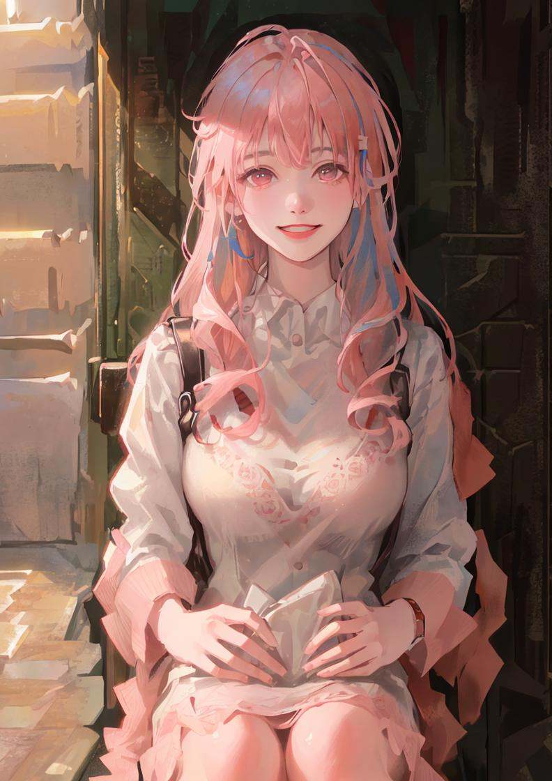 <lora:skinTextureDreamlike_LoRA300:1>, dreamlikeart, ((analog)), (best quality), ((realistic photo)), ((realistic)), (ultra detailed:1.3), ((cinematic color grading)), (exremetly detailed skin), <lora:yilishazi_v3-9:0.93>, <lora:fashionGirl_v40:0.1>, 1girl, (yilishazi), smile, (platium pink hair:1.2), warm sunlight, white teeth, [teeth]