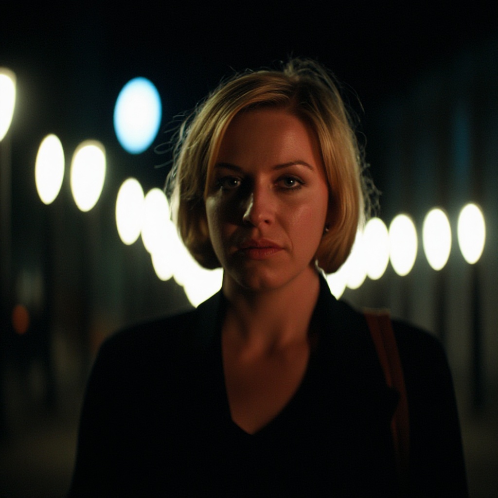 cinematic film still of Anamorphic bokeh style of a woman standing in front of a city at night,  detailed style,  sharp st...