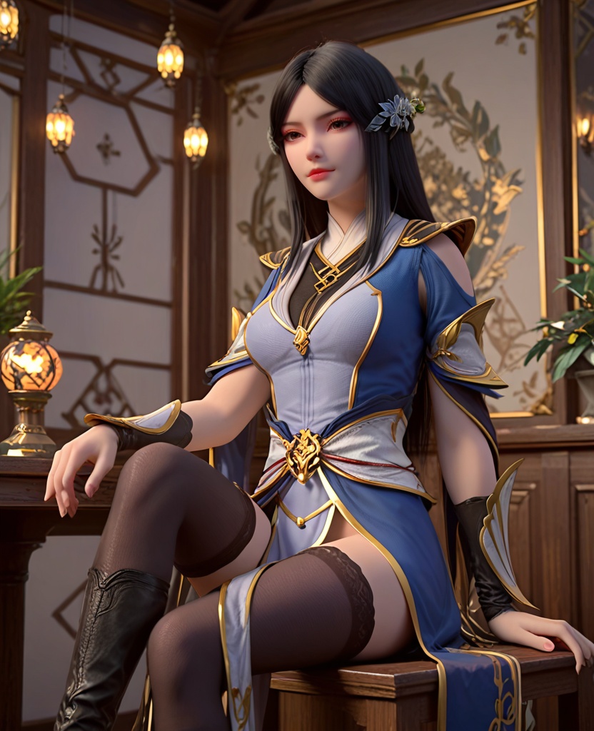 (oriental architecture, elegant decor, sophisticated style:1.1),(Sitting on a stool, legs crossed, with an artist's palette and brush, immersed in creativity,:1.1),looking at viewer,(breasts:1.2),<lora:XL斗破苍穹柳菲:0.95>,miss liufei,blue dress,black hair,long hair,hair ornament,hanging hair,parted bangs,brown eyes,makeup,leather sash,lips,wrist cuffs,pelvic curtain,black thighhighs,, score_9,score_8_up,score_7_up,score_6_up,score_5_up,score_4_up,3d rendering,tag1,tag2, Cinematic Lighting,backlighting,, zPDXL3, zPDXL2,zPDXL, zPDXLxxx, zPDXLrl,