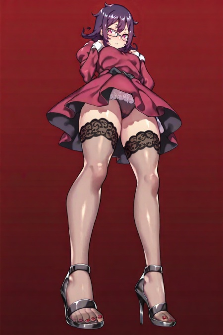 <lora:BlackRealStockings_IL:0.8>,  front view, (full body portrait:1.1), (from below:1.1), 1girl, solo, standing,  short dress, (upskirt:1.2), BlackRealStockings, (thin lace bands:1.1), opentoe heels, red toenails, red background,