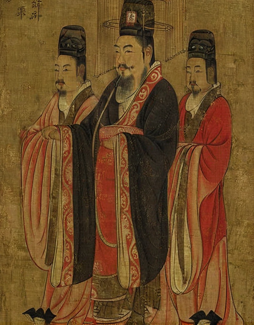 masterpiece,best quality,Diwang, facial hair, multiple boys, standing, male focus, hat, chinese clothes, beard, black hair, hands in opposite sleeves, full body, mustache, long sleeves, wide sleeves, fine art parody, 3boys, 2boys, sash a painting of three men in oriental clothing, one holding a bowl and the other holding a cane, with a third man in a black robe and red robe, <lora:XL_Diwang:0.8>