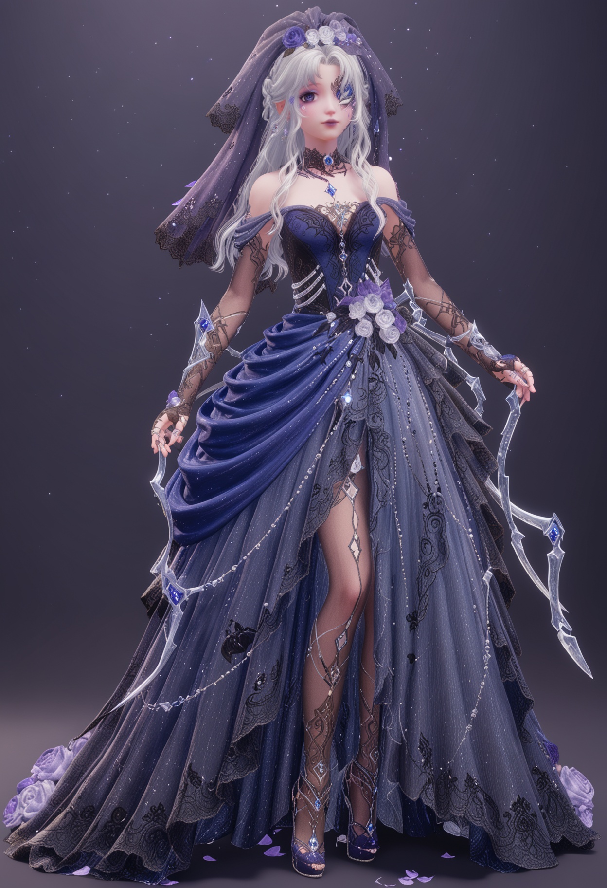 (cowboy shot:1.2),(looking at viewer:1.1),facing viewer,direct gaze,<lora:YQ_pony_nuannuan36_V4:0.8>,q1528437228,1girl,solo,jewelry,long hair,white hair,purple eyes,dress,hair flower,hair ornament,makeup,earrings,gloves,ring,eyepatch,petals,purple lips,bridal gauntlets,pointy ears,blue eyes,grey hair,high heels,one eye covered,choker,pantyhose,long dress,bridal veil,fingerless gloves,necklace,fine fabric emphasis,bow,braid,eyeshadow,BREAK simple background,pure black background,black background,perfect anatomy,