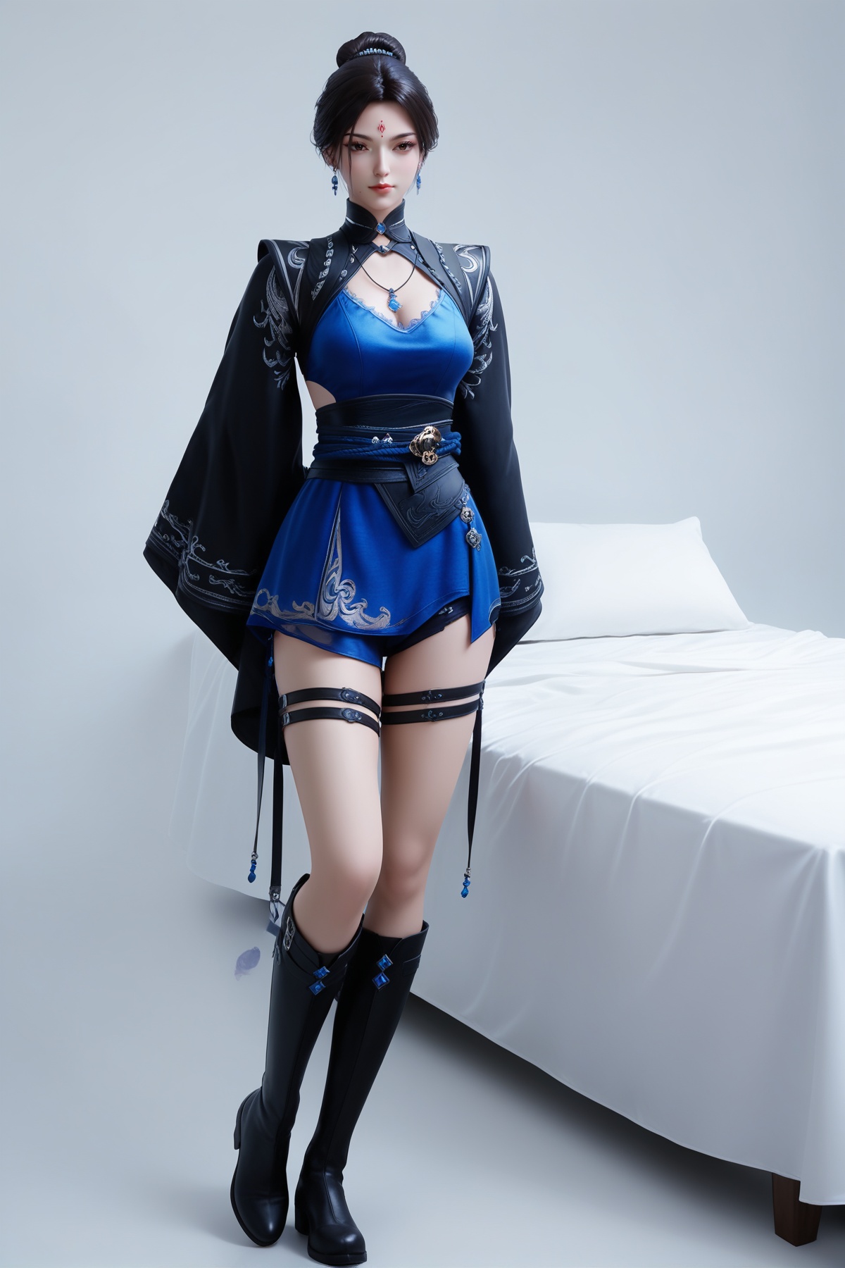 score_9,score_8_up,score_7_up,<lora:wy_shisanyi_XL7.0:0.8>,1girl,short hair,breast,medium breast,earrings,hair_ornament,dress,black hair,brown eyes,forehead_mark,blue_dress,thigh strap,hair bun,simple background,white_background,wetting,dark,thick_thighs,boots,full body,black footwear,knee boots,shorts,sash,bed,