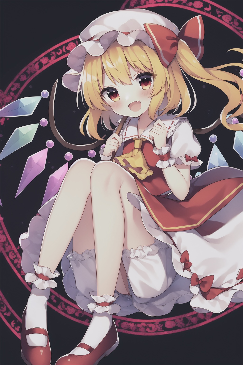1girl, solo, flandre scarlet, skirt, blonde hair, mob cap, ascot, red skirt, hat, red eyes, vest, red footwear, wings, short sleeves, open mouth, socks, puffy sleeves, white socks, looking at viewer, smile, red vest, yellow ascot, puffy short sleeves, magic circle, full body, shoes, white headwear, laevatein \(touhou\), bloomers, danmaku, bobby socks, shirt, :d, wrist cuffs, bow, blush, white shirt, crystal, skirt set, red bow, underwear, fang, knees together feet apart, bangs, petticoat, holding, frills, one side up
