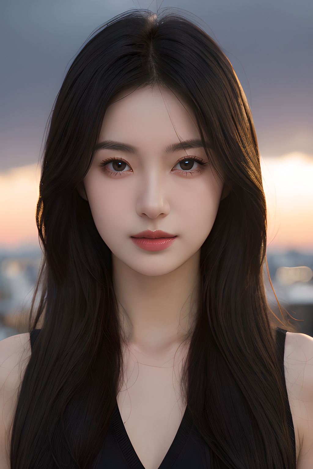 <lora:0813_04:0.7>,Frontal photography,Look front,evening,dark clouds,the setting sun,On the city rooftop,A 20 year old female,Black top,Black Leggings,black hair,long hair, dark theme, muted tones, pastel colors, high contrast, (natural skin texture, A dim light, high clarity) ((sky background))((Facial highlights)),, 1girl,realistic,masterpiece, best quality, photorealistic, HDR,detail