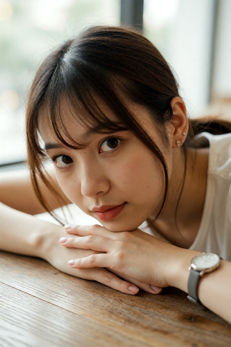 A young East Asian woman,  approximately 20 years old,  rests her chin gently atop her interlocked hands as she leans forw...