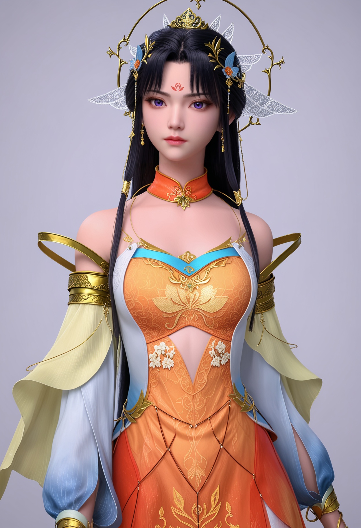 score_9,high detail,best quality,shiny skin,shiny,miaomiao,1girl,solo,purple eyes,black hair,hair ornament,long hair,dress,bare shoulders,white background,jewelry,detached sleeves,forehead mark,closed mouth,detached collar,simple background,earrings,orange dress,realistic,long sleeves,expressionless,bracelet,looking at viewer,thighs,<lora:QQSponymiaomiaoV1:0.8>,<lora:Pony_DetailV2.0:0.8>,<lora:皮肤凹痕:0.1>,
