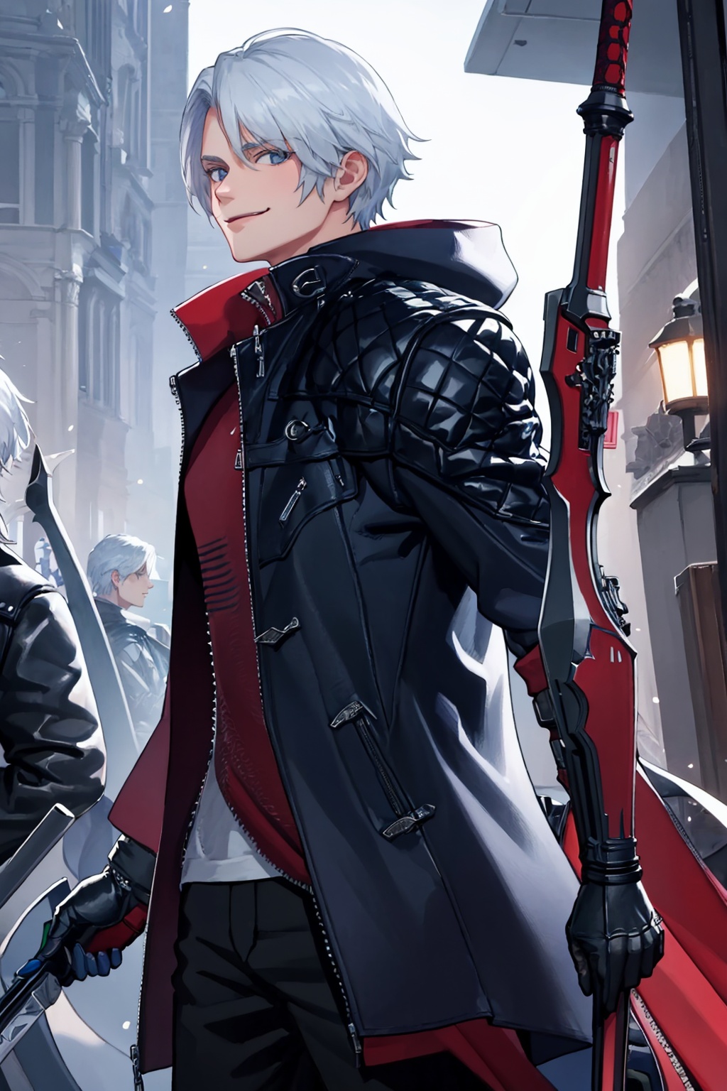 masterpiece,best quality, highly detailed, male focus,nero (devil may cry),1boy,coat,solo,gloves,smile,jacket,sword,looking at viewer,zipper,closed mouth,<lora:nero_(devil_may_cry):1>