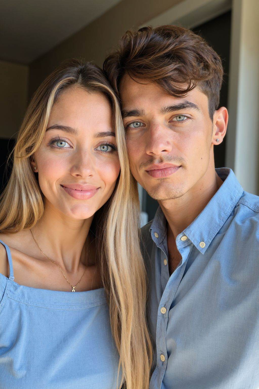 This is a photograph of a young couple posing for a selfie indoors. The woman,  with long blonde hair,  wears a blue boatn...