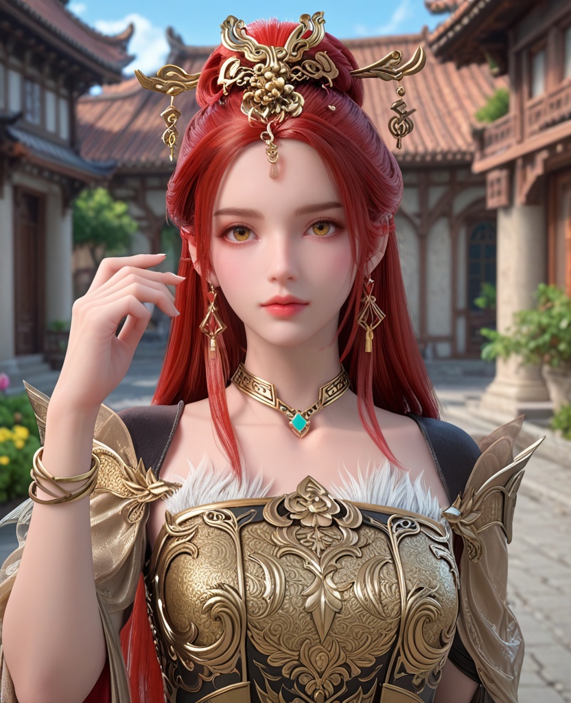 (oriental architecture, elegant decor, sophisticated style:1.1),Reaching out to touch a flower, exuding wonder and appreciation,,(breasts:1.2),<lora:XL完美世界天人族姐妹花P2:0.9>,elder sister,armor,red hair,hair stick,yellow eyes,earrings,jewelry,necklace,bracelet,, zPDXL2, score_9, score_8_up, score_7_up BREAK realistic, masterpiece,best quality, highly detailed,, zPDXL3, zPDXL2,zPDXL, zPDXLxxx, zPDXLrl,