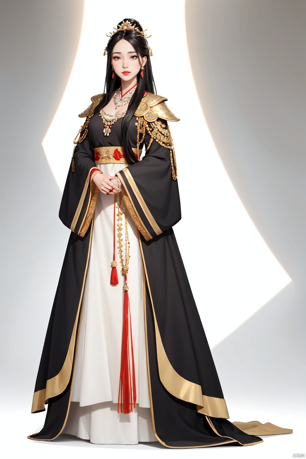 Realistic style, cinematic work, 8K wallpaper, masterpiece, very realistic quality, best quality, masterpiece, high-level, high-resolution,,,Edge lighting, dual tone lighting, soft lighting, The illuminated surface of the material has bright spots and highlights, which flicker and have a mirror effect when reflected, There are sparkling spots on the armor,,,1girl, solo, full body, black hair, hair ornament, long hair, hanfu, chinese clothes, long sleeves, dress, jewelry, flower, hair flower, wide sleeves, hair stick, shawl, realistic, simple background, looking at viewer, shoes, standing,strong rim light, Standard proportion of female body, golden proportion of female body,,,Standing, standing posture, Sexy full body standing posture,,,colorful,(detailed skin: 1.3), (detailed face: 1.3),clear focus,delicate,(mature women: 1.2),(glossy skin+glossy skin: 1.4),(sweating: 1.1),(big_eyes),red_ eyeshadow,long_ Eyelashes, red lips,,,simple background, grey background,,,(Diamond hair accessories, diamond necklaces, diamond earrings, diamond earrings, clothes embedded with diamonds, armor embedded with diamonds,:1.3),, (chuyun1:1.5)