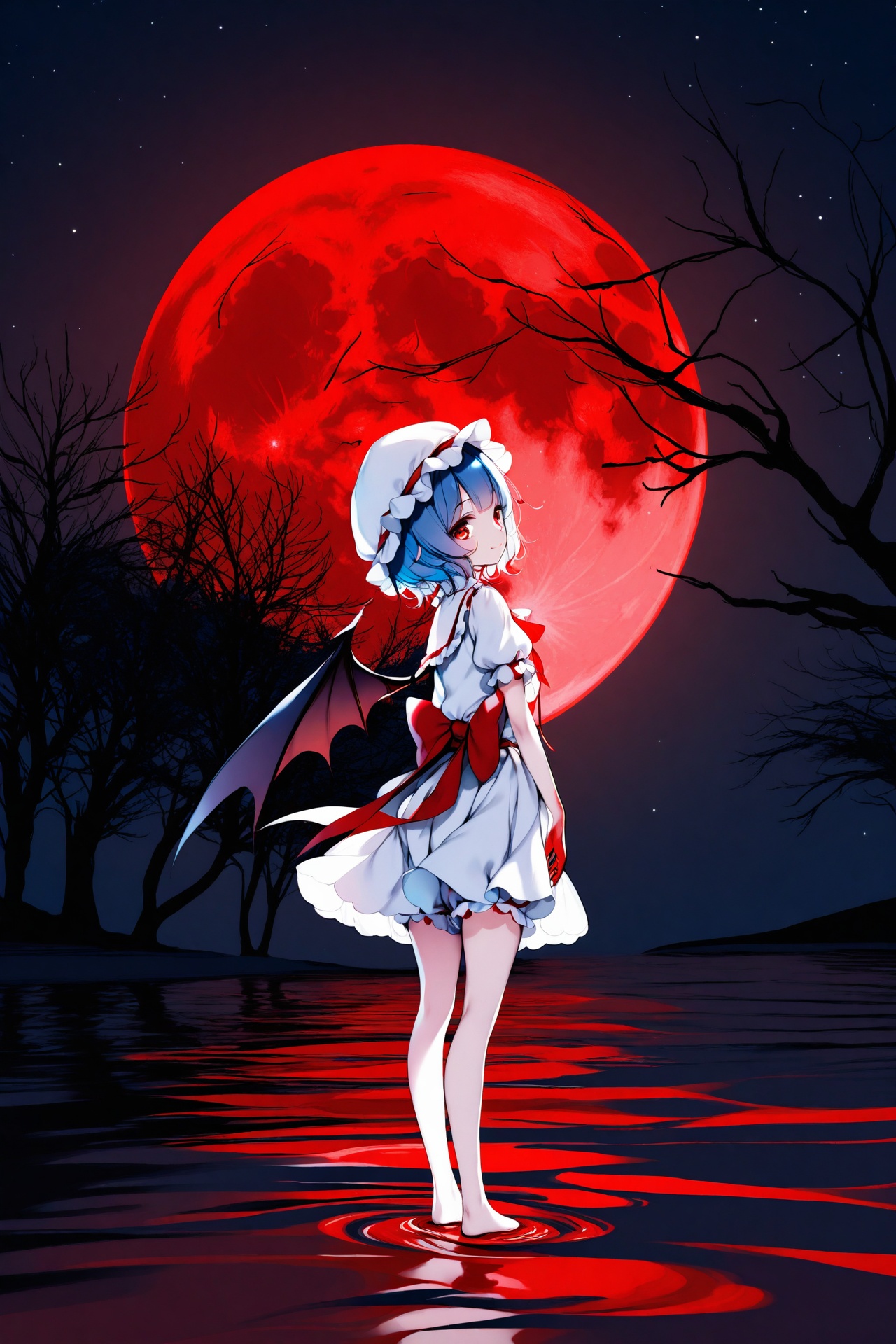 (masterpiece),(best quality),2023 Era,illustration,ultra detailed,hdr,Depth of field,(colorful),loli,1girl,ke-ta,ascot,bare tree,barefoot,bat wings,best quality,blood,blood on hands,bloomers,blue hair,frills,from behind,full body,full moon,hat,hat ribbon,looking at viewer,looking back,mob cap,moon,night,night sky,outdoors,pool of blood,puffy short sleeves,puffy sleeves,red eyes,red moon,red ribbon,remilia scarlet,ribbon,sash,shirt,short hair,short sleeves,skirt,skirt set,sky,smile,solo,standing,standing on liquid,star (sky),starry sky,tree,underwear,water,white bloomers,white skirt,wings,
