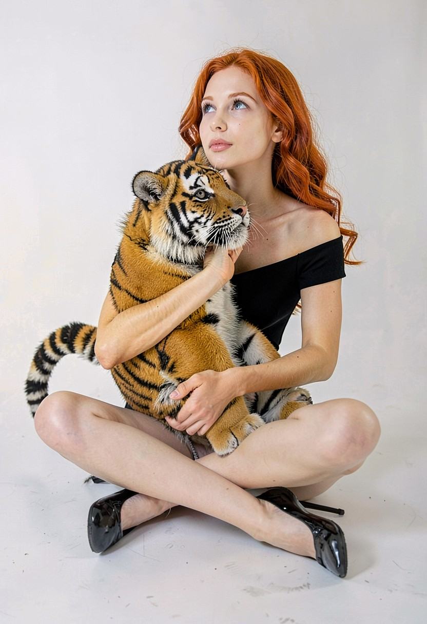 A young woman with long wavy red hair sits cross-legged on a white floor while holding a tiger cub against her chest.Subje...