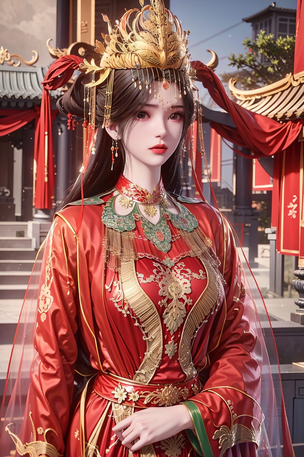 SFW,(masterpiece:1.2),best quality,absurdres,masterpiece,original,extremely detailed wallpaper,perfect lighting,(extremely detailed CG:1.2),1girl,solo,long hair,brown hair,hair ornament,long sleeves,dress,jewelry,upper body,earrings,chinese clothes,red dress,architecture,east asian architecture,
