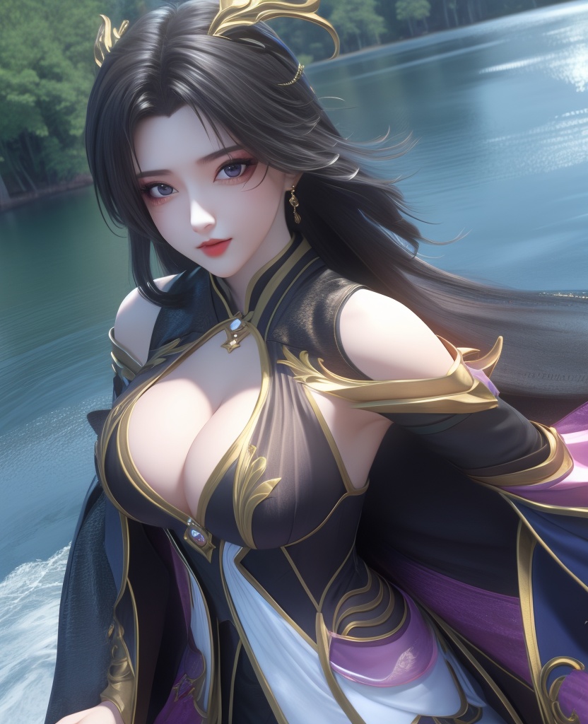 <lora:549-DA-百炼成神-司妙玲:0.8>(,1girl, ,best quality, ),looking at viewer,  ,ultra detailed 8k cg, ultra detailed background,  ,masterpiece, (( , )) , lake,upper body,   (cleavage), (),