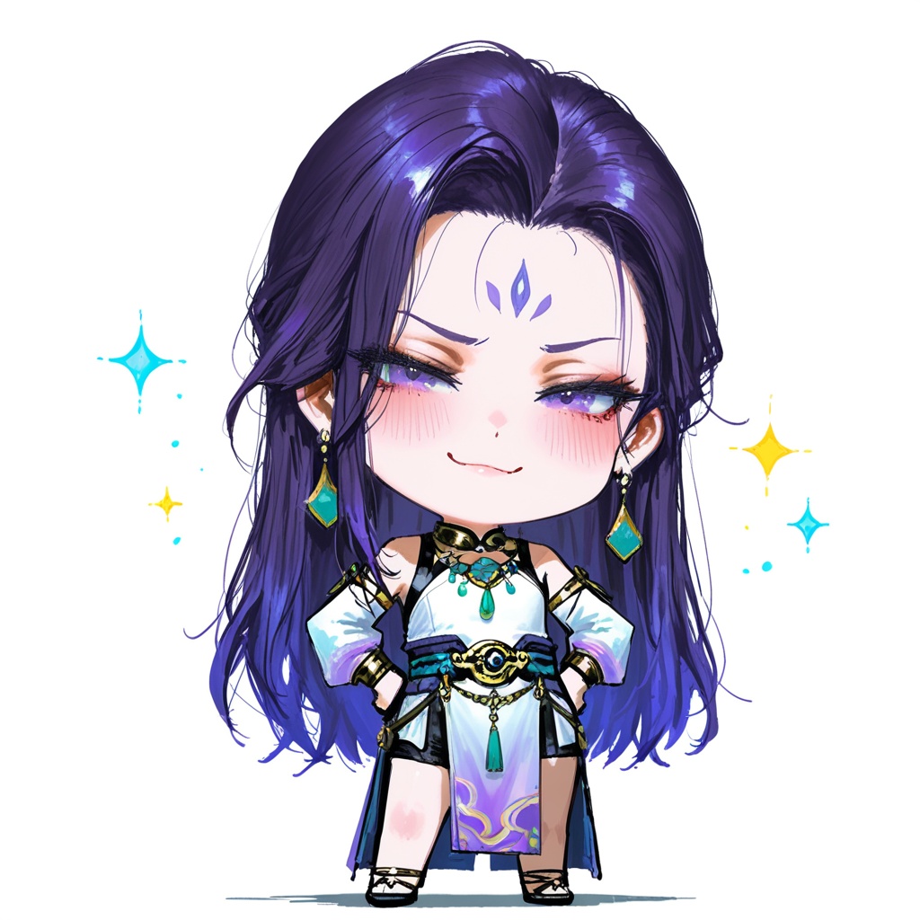 Detail enhancement,depth of field,cinematic lighting,light particles,lens flare,masterpiece,best quality,amazing quality,very aesthetic,absurdres,best quality,newest,(artist:quasarcake:0.8),extreme aesthetic,(wlop:0.9),masterpiece,best quality,good quality,newest,year 2024,year 2023,very aesthetic,absurdres,A shot with tension,impactful picture,official art,colorful,splash of color,movie perspective,<lora:合欢宗主:0.8>,simple background,white background,1girl,solo,purple hair,long hair,purple eyes,jewelry,looking at viewer,earrings,forehead,forehead mark,facial mark,(chibi:1.2),smile,full body,hands on hips,closed mouth,standing,blush,looking at viewer,smug,Tsundere,