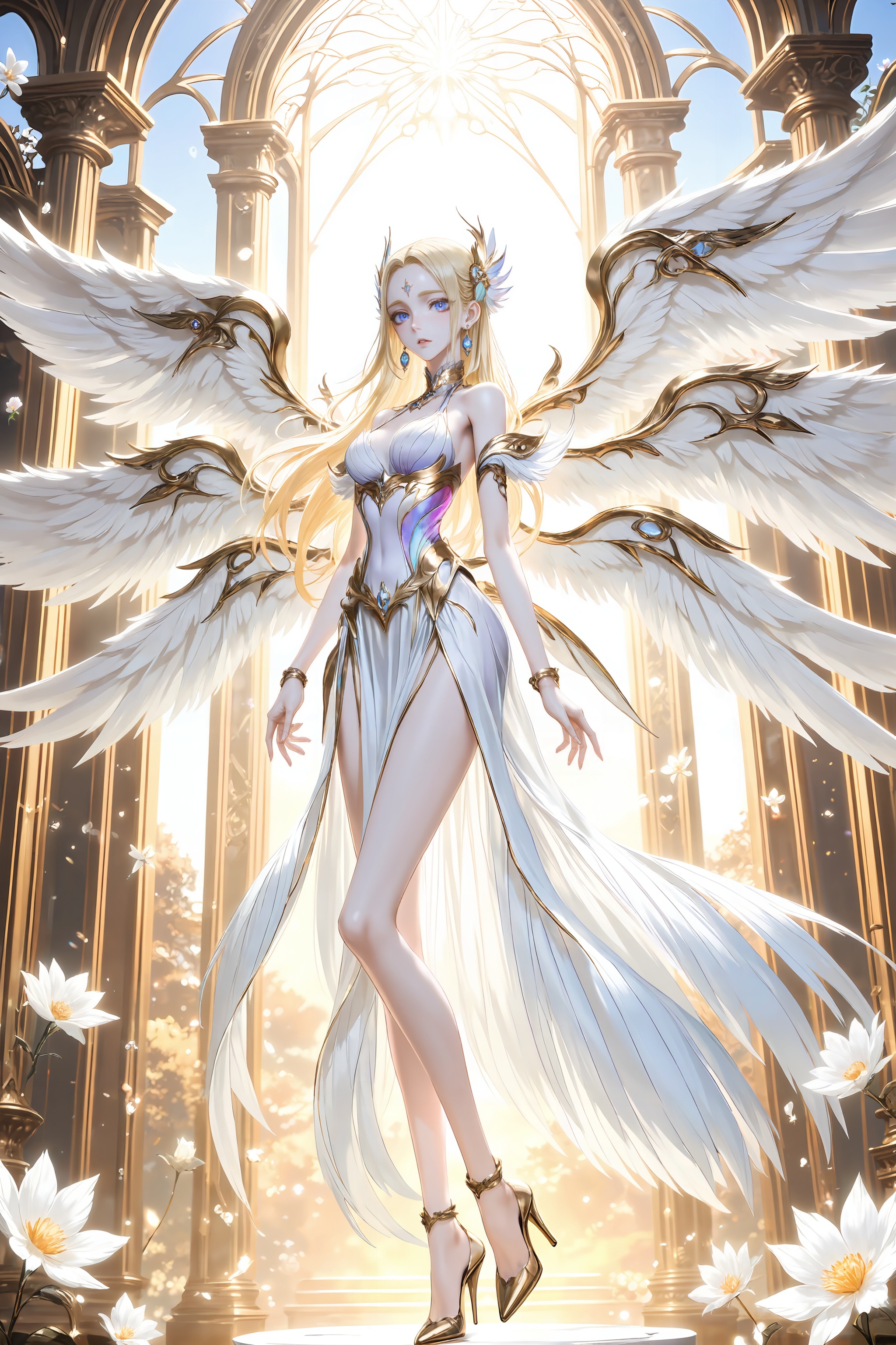 <lora:神装千仞雪-0.0894:0.8>,qianrenxue,1girl,wings,blonde hair,long hair,solo,breasts,dress,high heels,flower,angel wings,white dress,full body,blue eyes,pillar,looking at viewer,bare shoulders,jewelry,multiple wings,white wings,hair ornament,feathered wings,earrings,parted lips,10,close-up details,outstanding style,adding a touch of dimension to your images without compromising details,whirls of vapor,iridescent textures,(Anime:1.1),ethereal ambiance,delicate details,magical high-concept,32K UHD,sharp focus,best-quality,masterpiece,golden hour,unconventional supreme masterpiece,masterful details,temperate atmosphere,with a high-end texture,in the style of fashion photography,photography,cover,dynamic angle,dynamic posture,(artist:quasarcake:0.8),extreme aesthetic,(wlop:0.6),(honjou raita, lack, rella:0.5, wanke),masterpiece,best quality,good quality,very aesthetic,absurdres,visual impact,a shot with tension,ultra-high resolution,32K UHD,sharp focus,best-quality,masterpiece,emotionalization,unconventional supreme masterpiece,masterful details,temperate atmosphere,with a high-end texture,in the style of fashion photography,(visual impact:1.2),giving the poster a dynamic and visually striking appearance,impactful picture,official art,colorful,splash of color,movie perspective,masterpiece,best quality,amazing quality,very aesthetic,absurdres,best quality,newest,