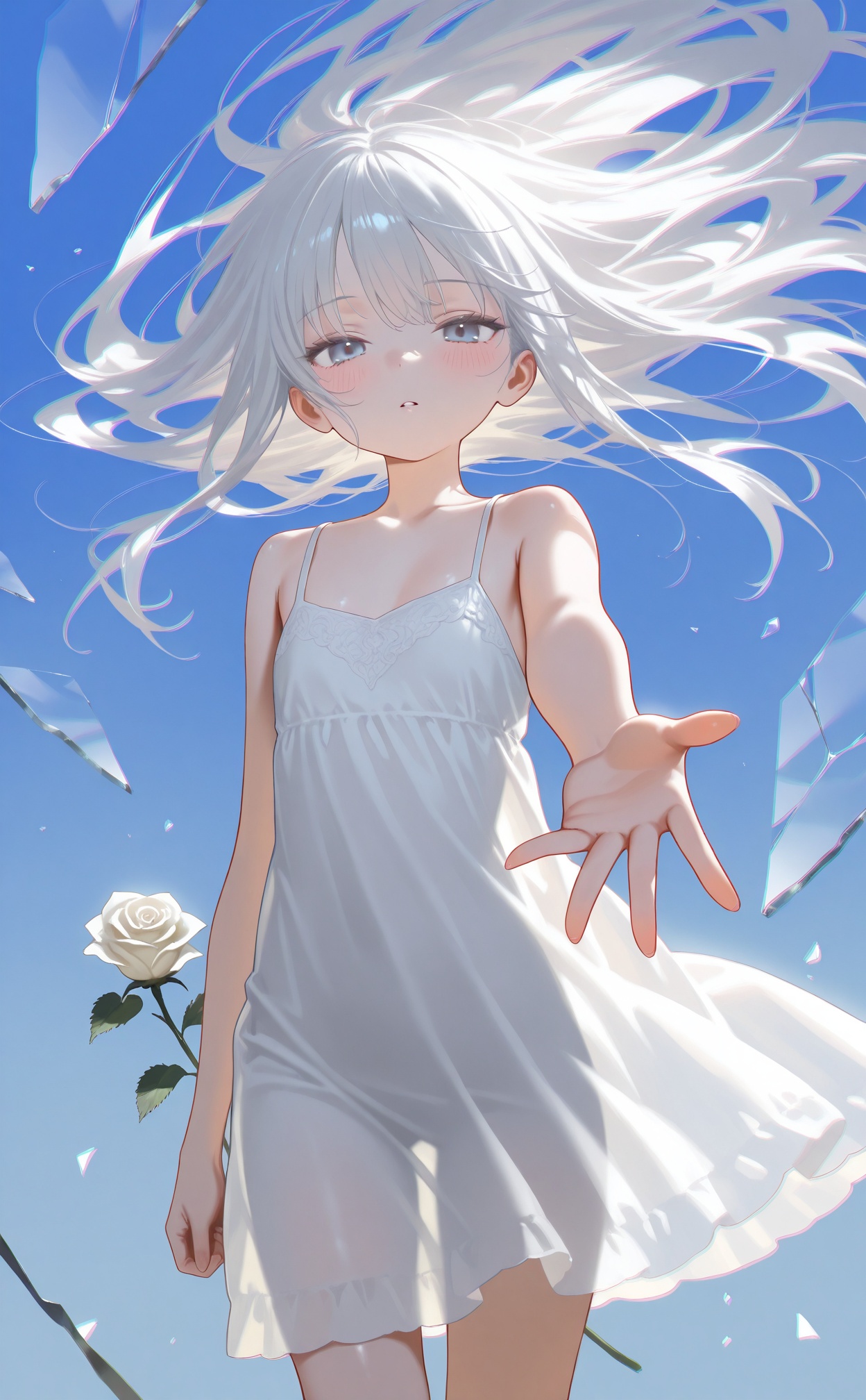 masterpiece,absurdres,best quality,((petite)),loli,high quality,chromatic_aberration,shiny_skin,//,1girl,dress,solo,white dress,long hair,looking at viewer,white hair,see-through silhouette,parted lips,flower,grey eyes,white flower,reaching,white rose,see-through dress,reaching towards viewer,glass,sleeveless dress,sundress,bare shoulders,rose,sleeveless,see-through,broken glass,outstretched arm,glass shards,bare arms,standing,spaghetti strap,blue background,collarbone,flat chest,outstretched hand,blush,blue eyes,reflection,floating hair,