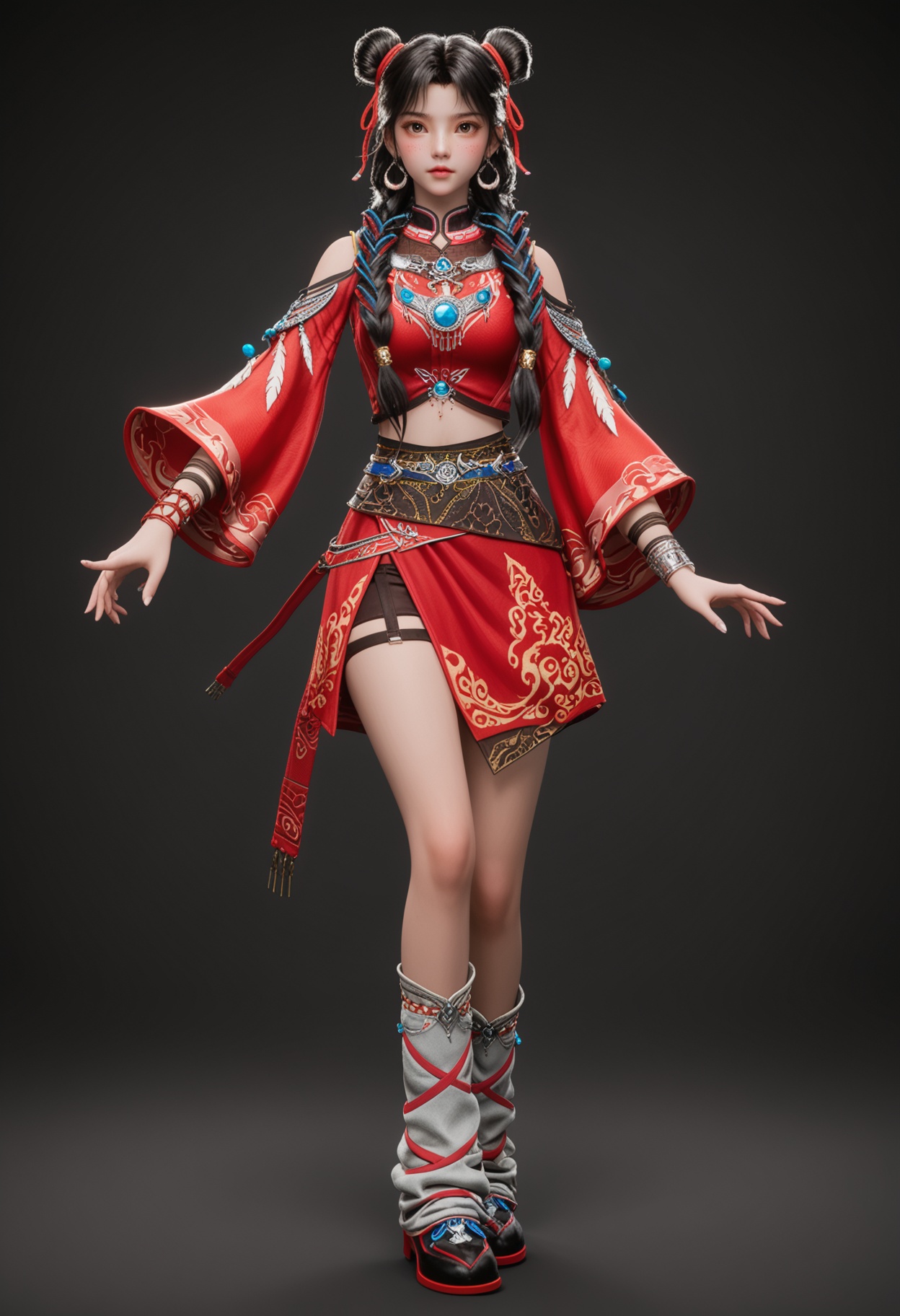 (standing full_body:1.1),score_9,score_8_up,masterpiece,(best quality),intricate details,facing viewer,(looking at viewer:1.1),<lora:YQ_pony_bailuoheng_V4:0.8>,q1528437228,solo,1girl,jewelry,black hair,long hair,earrings,hair bun,braid,ribbon,hair ribbon,twin braids,double bun,brown eyes,chinese clothes,multiple braids,bracelet,crop top,skirt,multicolored hair,feathers,dress,red ribbon,red skirt,single hair bun,red dress,hair over shoulder,leg warmers,socks,shirt,brown hair,red shirt,necklace,freckles,shoes,long sleeves,detached sleeves,hair ornament,china dress,black eyes,multi-tied hair,wide sleeves,ribbon braid,black footwear,BREAKscore_9,score_8_up,masterpiece,(best quality),perfect anatomy,(hourglass),perfect face,(simple background,pure black background,black background:1.1),fair_skin,shiny_skin,Ivory_skin,