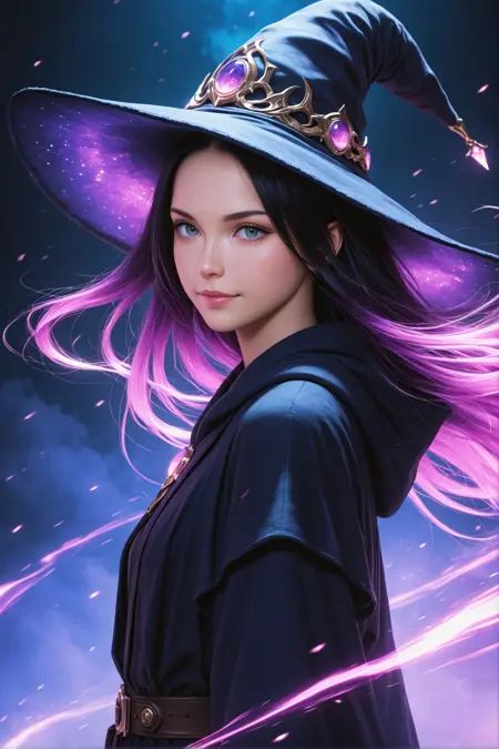 masterpiece,best quality,absurdres,fantasy,1girl,witch,looking at viewer,(from side:0.5),serious ,smile,upper_body,neon,magical,wind,robe