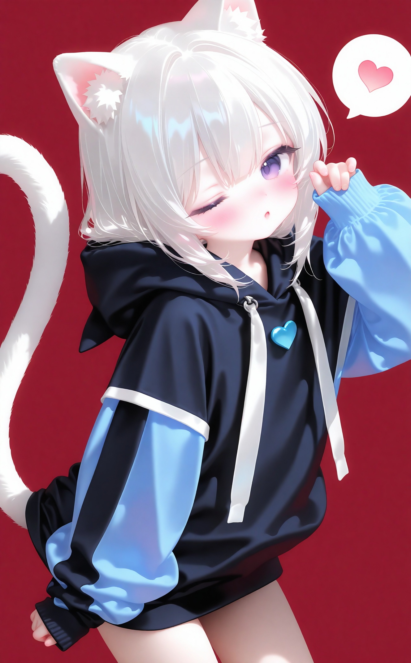 nyalia,nyalia,loli,1girl,solo,looking at viewer,blush,bangs,long sleeves,animal ears,purple eyes,tail,white hair,heart,parted lips,one eye closed,puffy sleeves,cat ears,hand up,hood,cat tail,animal ear fluff,sleeves past wrists,hoodie,hood down,cat girl,red background,spoken heart,puffy long sleeves,drawstring,tail raised,black hoodie,;o,blue hoodie,<lora:nyalia acid5-000048:0.8>,