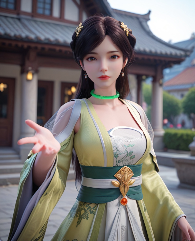 (oriental architecture, elegant decor, sophisticated style:1.1),outstretched hand,(breasts:1.2),<lora:XL完美世界阿蛮:0.9>,miss aman,solo,yellower dress,green choker,hair ornament,jewelry,hollow shoulder,floral print white bra,brown eyes,bangs,long hair,black hair,green sash,overskirt,collarbone,red lips,long sleeves,, zPDXL2, score_9, score_8_up, score_7_up BREAK realistic, masterpiece,best quality, highly detailed,, zPDXL3, zPDXL2,zPDXL, zPDXLxxx, zPDXLrl,