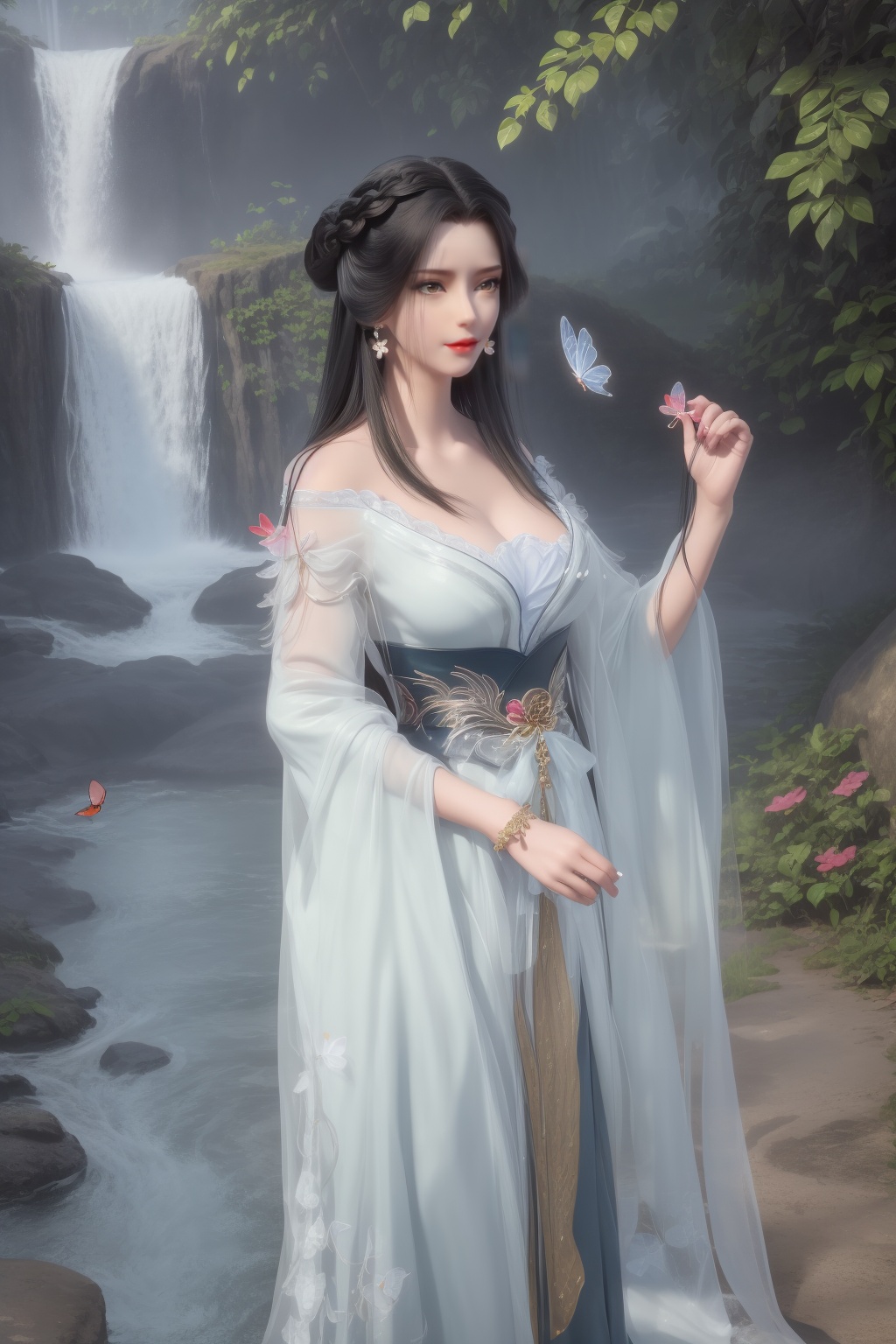ultra realistic 8k cg,flawless,clean,masterpiece,professional artwork,famous artwork,perfect face,beautiful face,best quality,full_shot,absurdres,1girl,solo,hanfu,dress,standing,bare shoulders,facial mark,forehead mark,hair bun,hair rings,chinese clothes,sparkle,torogao,smile,makeup,red lips,breasts,large breasts,jewelry,earrings,hair ornament,(outdoors:1.4),water,waterfall,butterfly,flower,long hair,realistic,looking at viewer,high heels,<lora:shenfengJ_20240105120823-000004:0.7>,