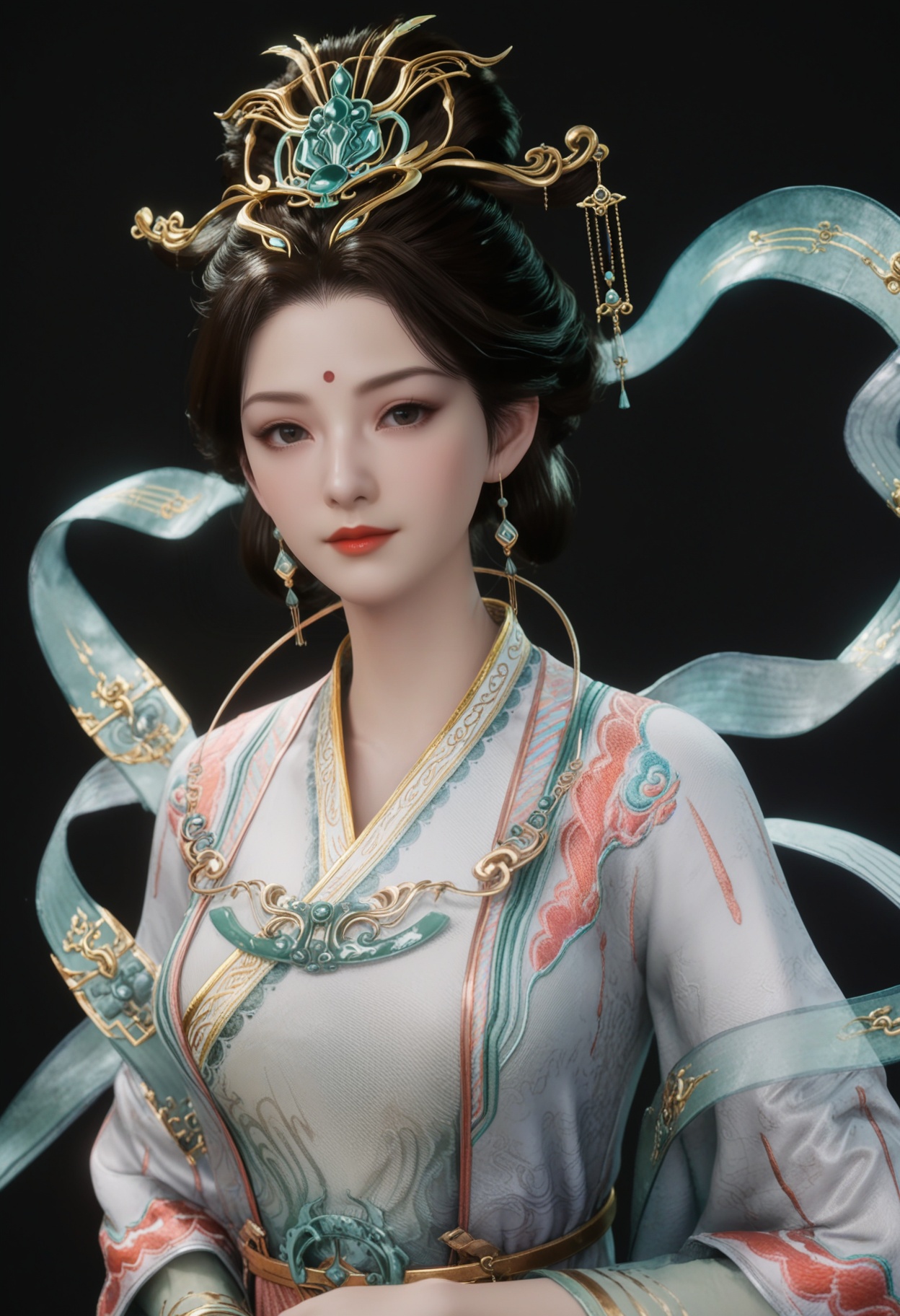 (upper_body:1.2),score_9,score_8_up,masterpiece,(best quality),intricate details,facing viewer,(looking at viewer:1.1),<lora:YQ_pony_xiwangmu_budaibeishi_V5:0.8>,q1528437228,1girl,solo,jewelry,earrings,hair ornament,black hair,chinese clothes,forehead mark,red lips,long sleeves,makeup,dress,hanfu,hair bun,updo,brown hair,black eyes,wide sleeves,brown eyes,hair stick,shawl,necklace,hair rings,forehead jewel,single hair bun,hagoromo,BREAKscore_9,score_8_up,masterpiece,(best quality),perfect anatomy,(hourglass),perfect face,(simple background,pure black background,black background:1.1),fair_skin,shiny_skin,Ivory_skin,