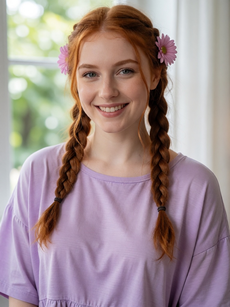 Photograph of a young woman with fair skin and red hair in two braided pigtails,  each adorned with a pink flower. She is...