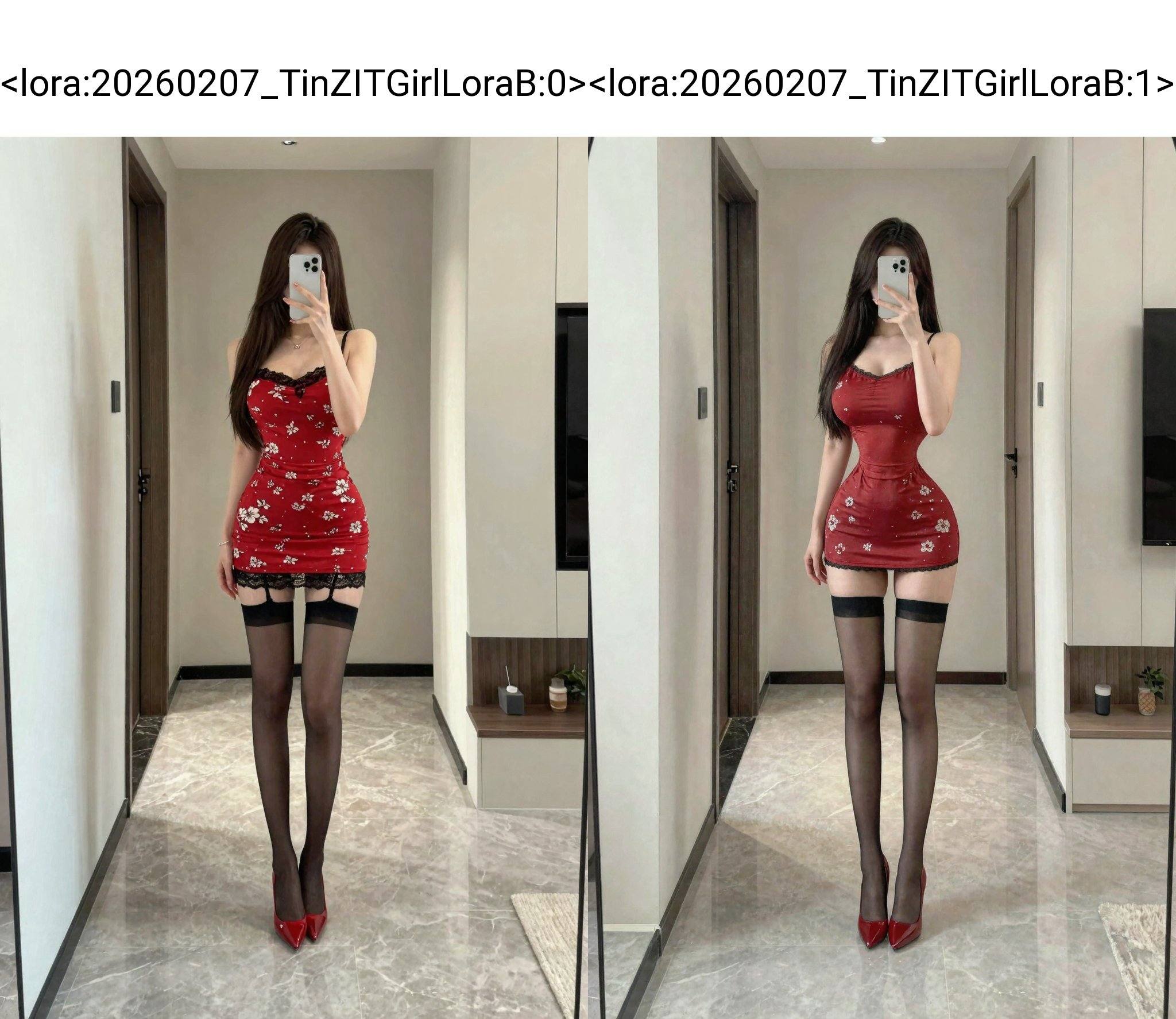 <lora:20260207_TinZITGirlLoraB:0>, The image is a high-resolution photograph of a young woman standing in a modern, minimalist hallway. She is taking a mirror selfie with a smartphone, obscuring her face. The woman has long, straight, dark brown hair cascading down her back. She is wearing a form-fitting, short red dress adorned with white floral patterns and black lace trim at the hem. The dress accentuates her slender, toned physique and small to medium-sized breasts. She also wears sheer black thigh-high stockings and striking red high heels, adding a bold pop of color to her ensemble.The hallway has a light gray, glossy marble floor and cream-colored walls. To the left, there is a closed door with a dark brown frame. On the right, there is a small built-in shelf with a few decorative items, including a small plant and a few books. The lighting in the room is bright and natural, likely from a nearby window, casting soft shadows on the floor and walls. The overall aesthetic of the image is contemporary and stylish, with a focus on clean lines and minimalistic decor. long legs.